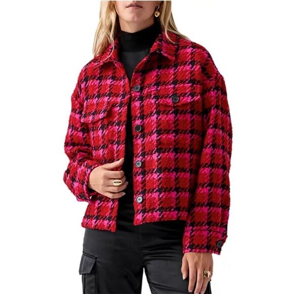 Sanctuary woman’s 2xl red pink plaid shacket button up jacket houndstooth - Picture 1 of 9